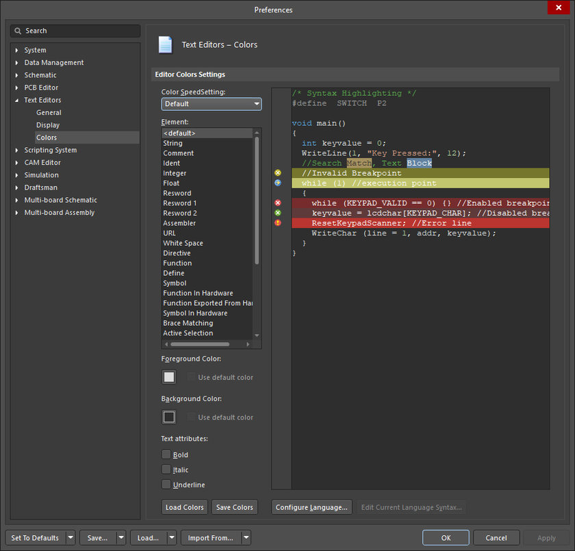 The Text Editors - Colors page of the Preferences dialog