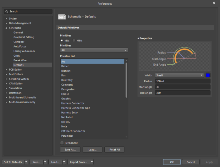 The Arc default settings in the Preferences dialog and the Arc mode of the Properties panel