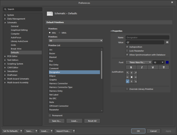 The Designator default settings in the Preferences dialog and the Designator mode of the Properties panel