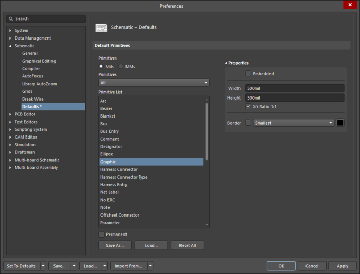 The Graphic default settings in the Preferences dialog and the Image mode of the Properties panel
