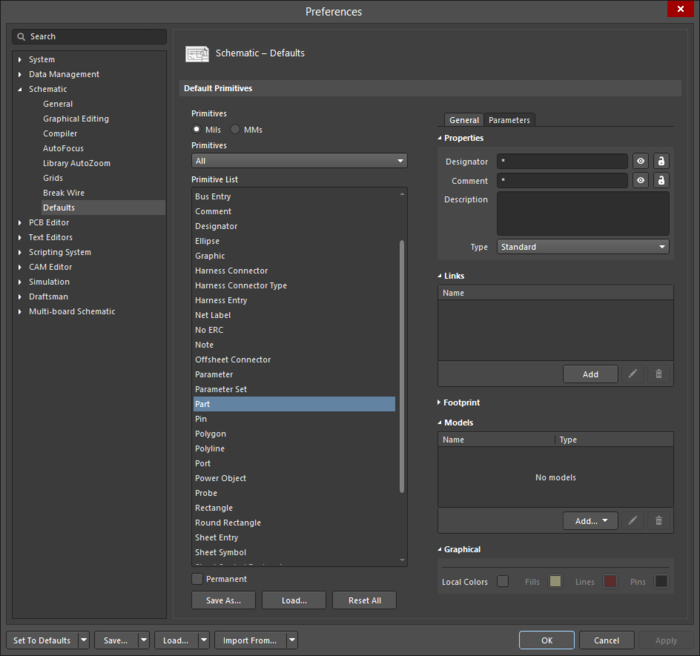 The Part default settings in the Preferences dialog and the Component mode of the Properties panel