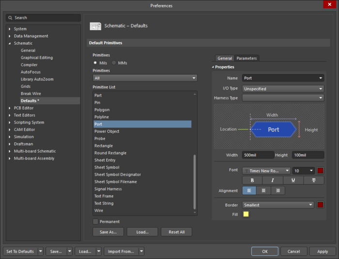 The Port default settings in the Preferences dialog and the Port mode of the Properties panel