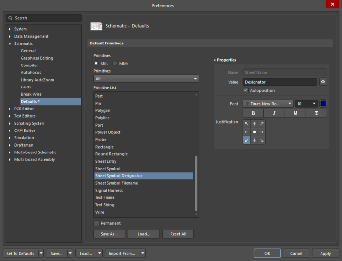 The Sheet Symbol Designator​ default settings in the Preferences dialog and the Parameter mode of the Properties panel