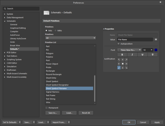 The Sheet Symbol Filename​ default settings in the Preferences dialog and the Parameter mode of the Properties panel