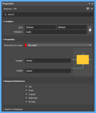 The Fill Keepout default settings in the Preferences dialog and the Keepout - Fill mode of the Properties panel