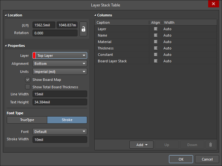 The Layer Stack Table dialog on the left and the Layer Stack Table mode of the Properties panel on the right 