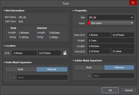 The Track dialog on the left and the Track mode of the Properties panel on the right. 