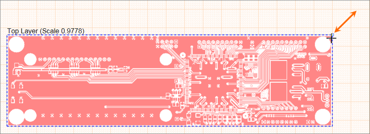 Drag a selected Board Fabrication View's resize node to change its scale.