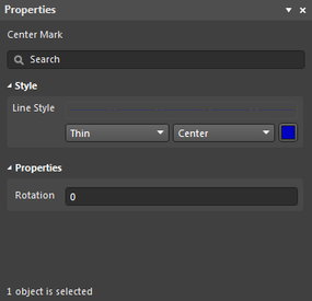 The Center Mark object default settings in the Preferences dialog and the Center Mark mode of the Properties panel