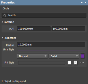 The Properties panel when a Circle object is selected.