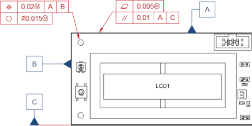 Feature Control Frame objects attached to a hole and an edge in a Board Assembly View. The three Datum Feature objects are used as reference locations.
