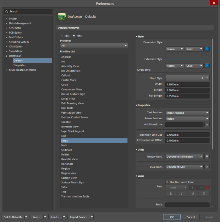 The Linear settings in the Preferences dialog, and the Linear Dimension mode of the Properties panel.