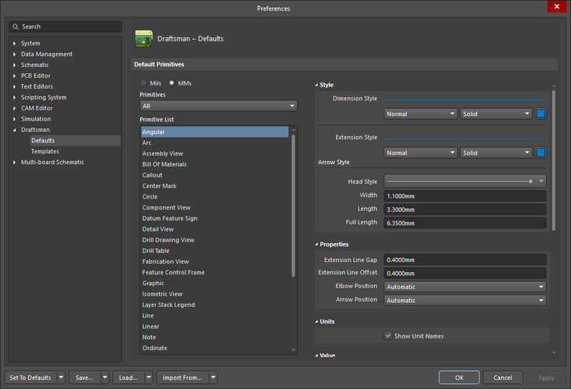 The Radial Dimension default settings in the Preferences dialog, and the Radial Dimension mode of the Properties panel.