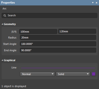 The Arc object default settings in the Preferences dialog and the Arc mode of the Properties panel.
