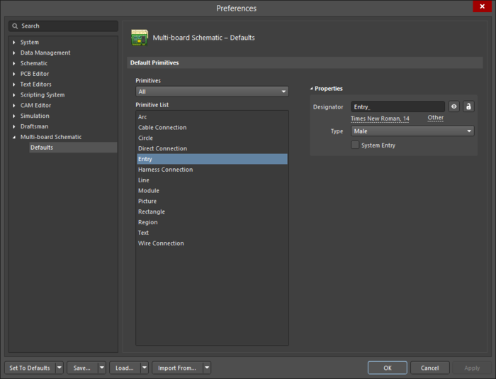 The Entry object default settings in the Preferences dialog, and the Entry mode of the Properties panel.