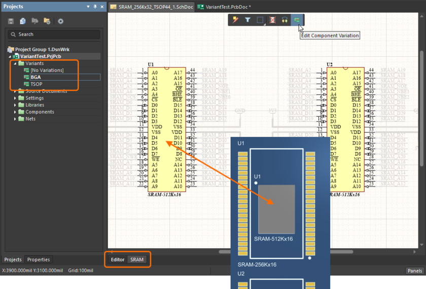 The schematic editor's physical design view. The dim level for the un-editable objects is set in the Schematic – Compiler page of the Preferences dialog.