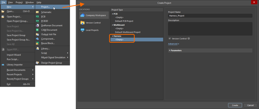 Create a new harness project using the Create Project dialog.