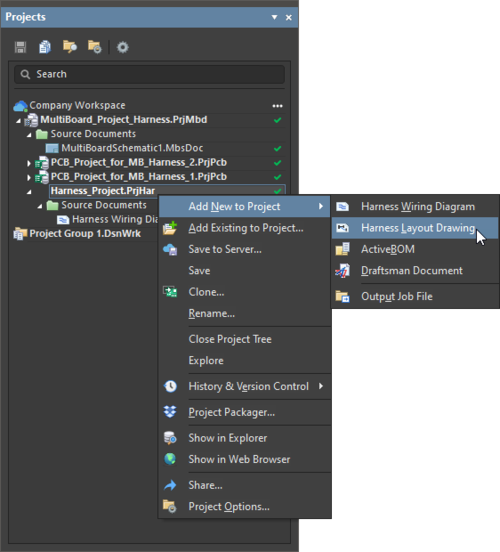 Add a harness layout drawing document to the harness project from the Projects panel's right-click menu.