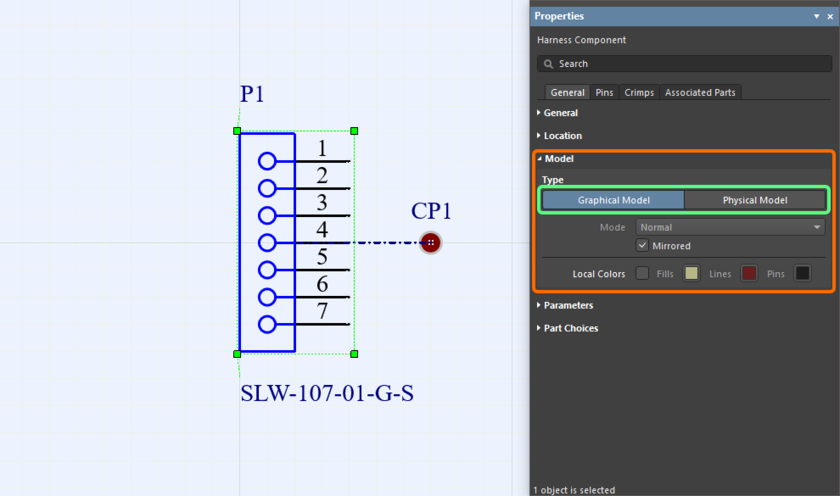 Example of representation of a connector on a layout drawing. Shown here is the connector represented by its schematic symbol. Hover the cursor over the image to see the connector represented by the projection of its 3D model.