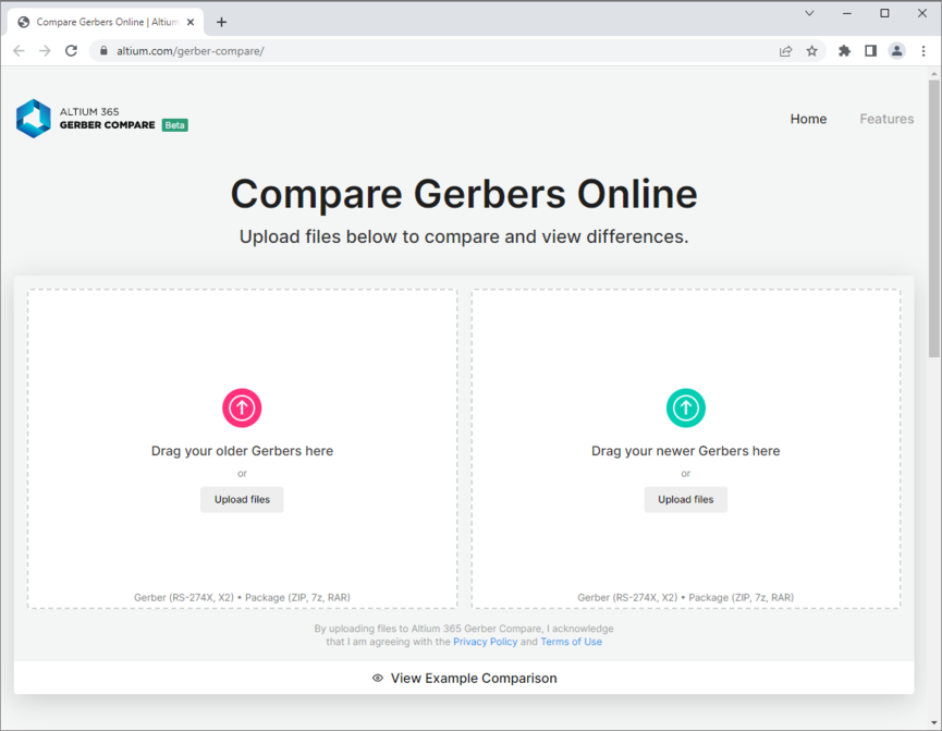 Accessing the online Altium 365 Gerber Compare tool on the main Altium website.