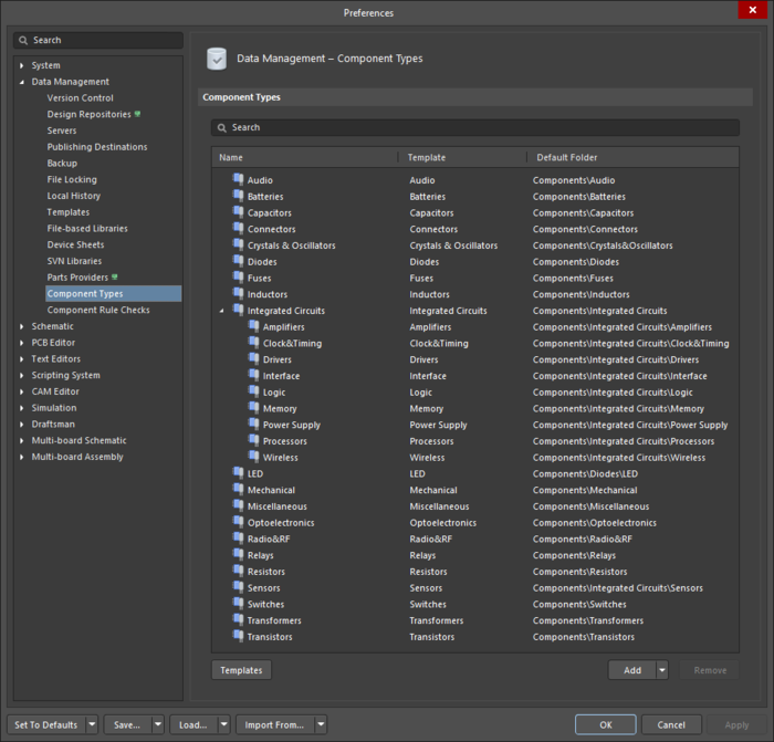 The Data Management – Component Types page of the Preferences dialog.