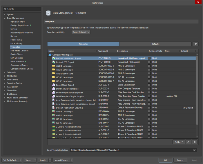 The Data Management - Templates page of the Preferences dialog (the Templates tab)