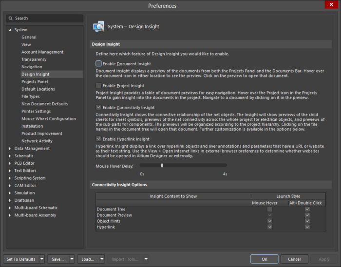 The System - Design Insight page of the Preferences dialog