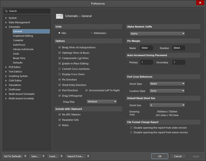 The Schematic – General page of the Preferences dialog