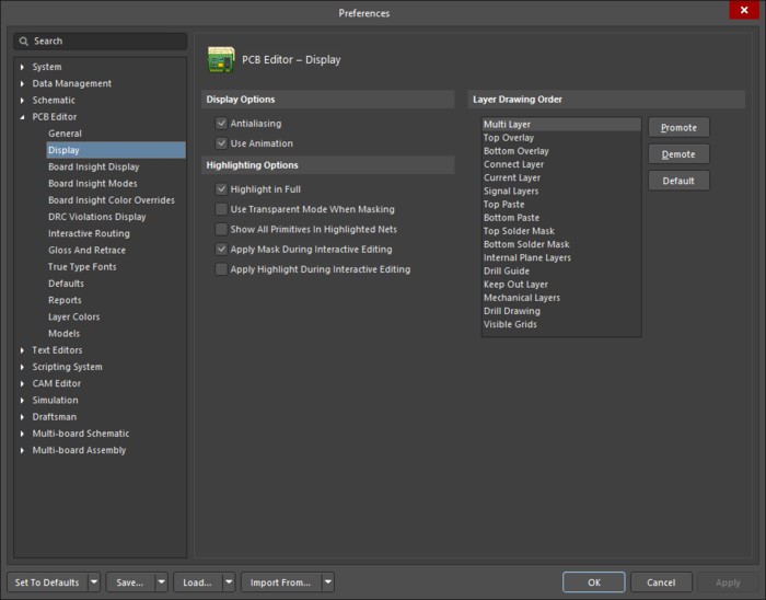The PCB Editor - Display page of the Preferences dialog