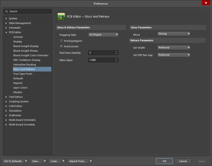The PCB Editor – Gloss And Retrace page of the Preferences dialog