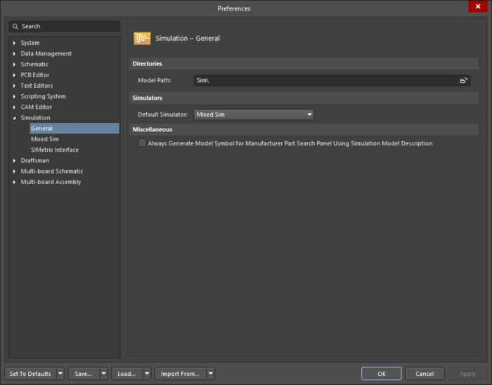 The Simulation – General page of the Preferences dialog