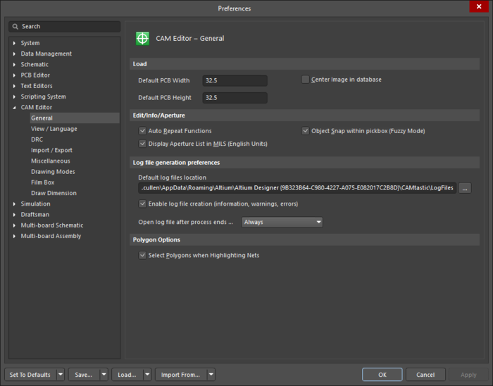 The CAM Editor - General page of the Preferences dialog