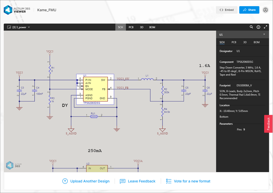 Using the shared link, a recipient can browse the design snapshot using Altium 365 Viewer, loaded on the main altium.com site. Shown here is a schematic – hover over the image to see the PCB.
