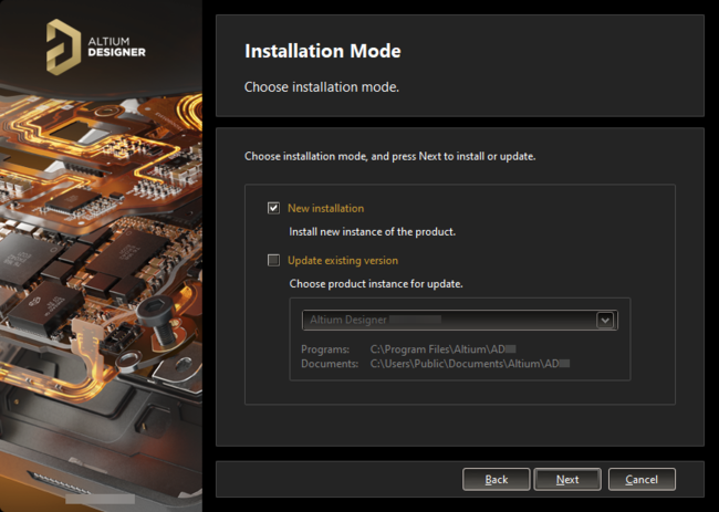 If you already have a previous installation of Altium Designer within the same version stream, you can choose to update that version. Or install as a separate unique instance.