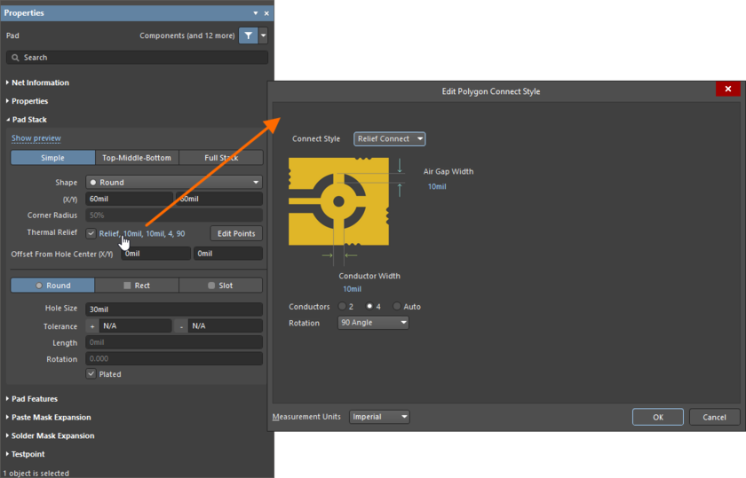 Configure the custom thermal relief for individual pad/via using the Edit Polygon Connect Style dialog.