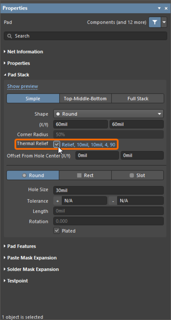 Enable individual thermal relief configuration at the pad/via level using the Properties panel.