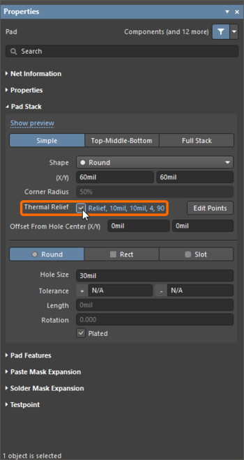 Customize the thermal relief configuration at the pad/via level using the Properties panel when the pad/via is selected.