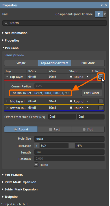 Customize the thermal relief configuration at the pad/via level using the Properties panel when the pad/via is selected.