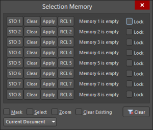 The Selection Memory dialog: in the schematic editor (the first image) and in the PCB editor (the second image)