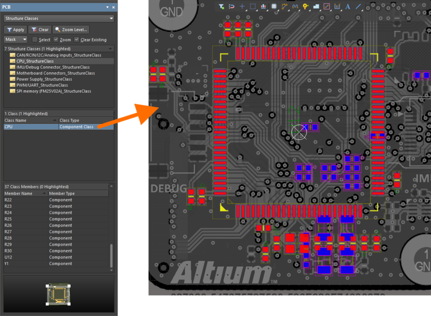 Set the PCB panel's mode to Structure Classes to browse the overall class hierarchy for the PCB document. The display in the main design window will change to reflect the filtering applied as you click on an entry (or entries) in the panel's various regions.