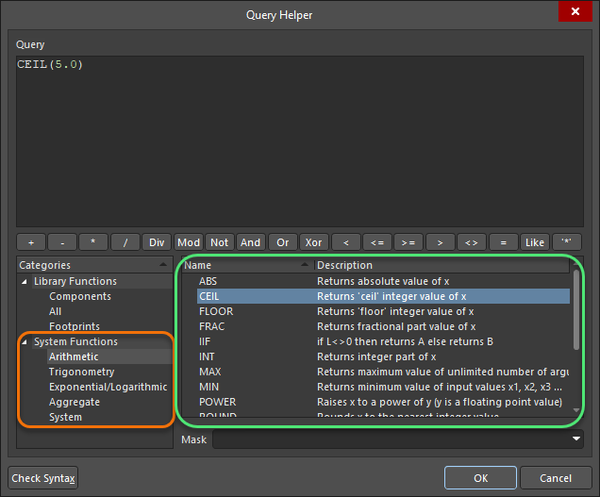 Global system query functions shown in the Query Helper dialog