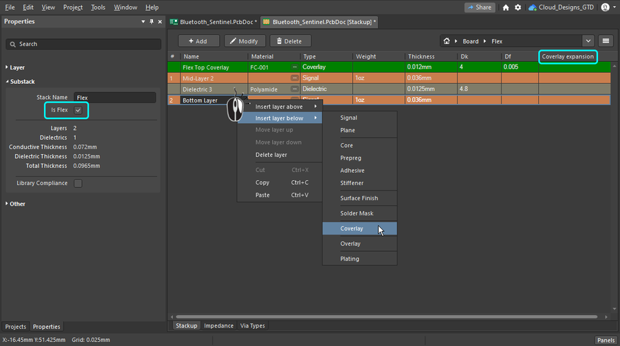 Add the coverlay layer(s) into the substack and configure the layer properties in the Layer Stack Manager.