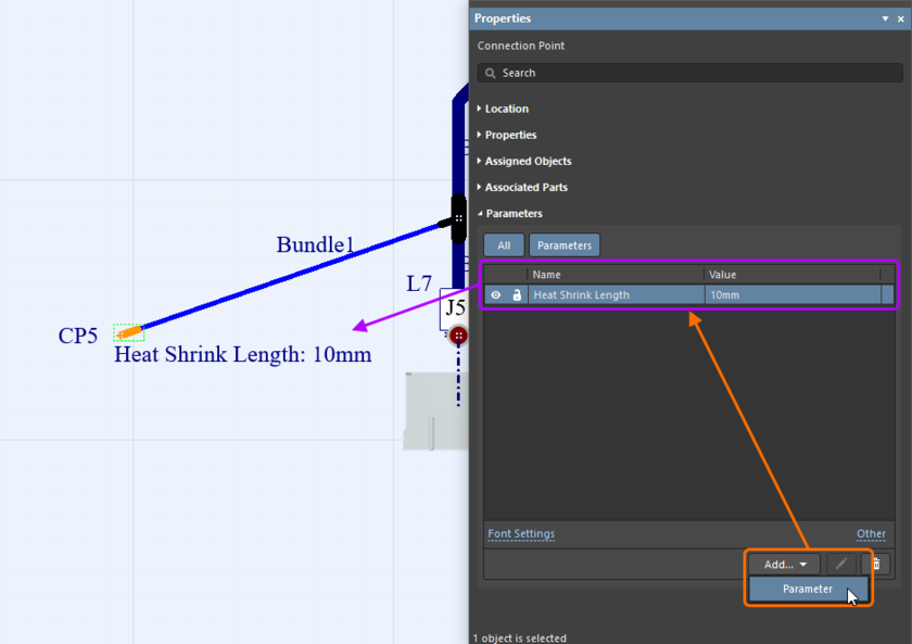 Parameters can now be added to Connection Points and Layout Labels. An example of a parameter added to a Connection Point is shown here. Hover the cursor over the image to see parameters added to a Layout Label.