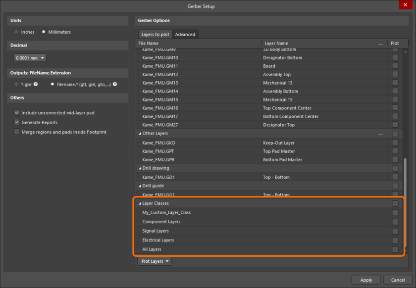 Use the Layer Classes region of the Gerber Setup dialog to quickly enable the plotting of a specific layer class.