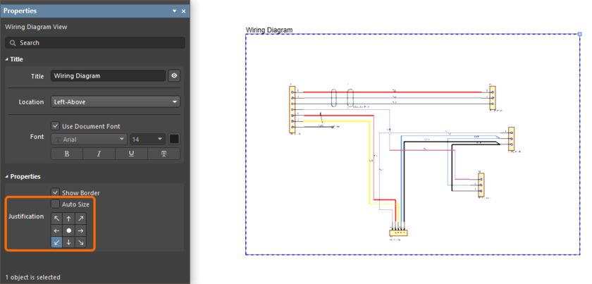 Example of a Wiring Diagram View with the Auto Size option enabled and Justification set to bottom-left. Hover the cursor over the image to see the view with the Auto Size option disabled - note that the location of the view is changed relative to its bottom-left corner.