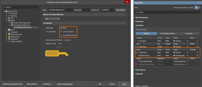 Define the required expansion value of the paste mask using the Paste Mask Expansion design rule or the Paste options in the Properties panel (with one or more pads selected).
