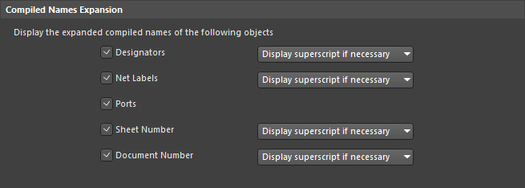 Configure the display of compiled object names, superscripts are helpful for component designators.