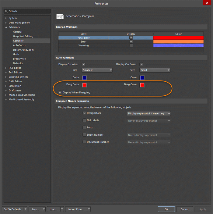 Configure the display options for compiler generated junctions (auto-junctions) in the Preferences dialog.