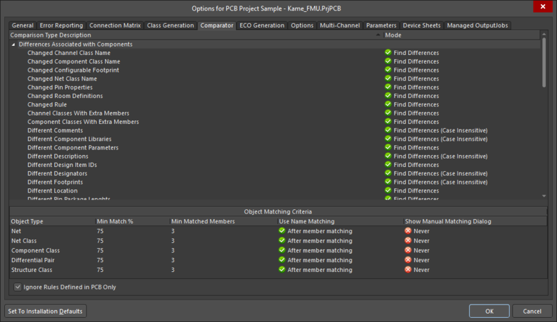 The Comparator tab of the Project Options dialog