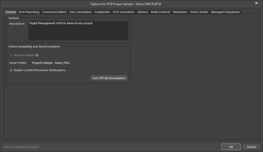 The General tab of the Project Options dialog